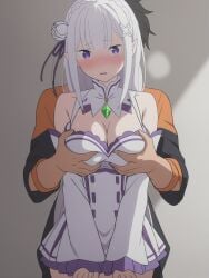 ai_generated big_breasts blush blushing_at_viewer breast_grab breasts elf elf_ears elf_female emilia_(re:zero) long_hair natsuki_subaru purple_eyes re:zero_kara_hajimeru_isekai_seikatsu sex white_hair