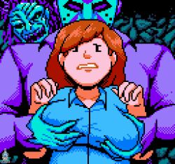 1boy breast_grope debbie_(friday_the_13th) feetfish female friday_the_13th friday_the_13th_(1989_video_game) frown fully_clothed jason_voorhees male pixel_art red_hair