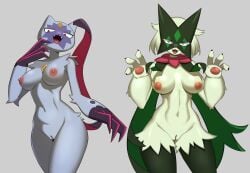 anthro areola arm_tuft big_breasts breasts censored chest_gem claws duo eyelashes fangs female flowerpigeon73 forehead_gem front_view fur gem generation_8_pokemon generation_9_pokemon genitals green_body green_fur grey_background grey_body grey_fur hi_res ineffective_censorship looking_at_viewer mask meowscarada navel nintendo nipples non-human_areolae nude open_mouth open_smile pawpads pink_areola pink_eyes pink_nipples pokemon pokemon_(species) pupils purple_body purple_claws purple_fur pussy red_eyes shoulder_tuft simple_background slit_pupils smile sneasler teeth thick_thighs tuft wide_hips