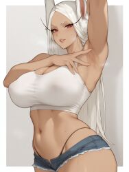 1girls ai_generated arm_up armpit armpit_fetish armpits big_breasts boku_no_hero_academia breasts busty female female_only hi_res jean_shorts large_breasts long_hair midriff miruko my_hero_academia navel nipple_bulge red_eyes rumi_usagiyama seductive_smile simple_background smile solo solo_female steam steaming_body steamy_armpits steamy_breath tank_top toned white_hair zzipper