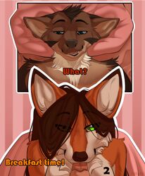 2019 angle_(copperback01) anthro blue_eyes brown_fur canid canine comic female fox fur green_eyes hair hi_res kira_(copperback01) licking male mammal nitani open_mouth oral orange_fur smile straight teeth tongue tongue_out