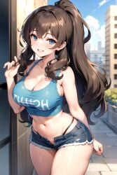 ai_generated bangs blue_eyes blush booty_shorts breasts brown_hair city cleavage curly_hair curvaceous curvy curvy_female curvy_figure cute original original_character slutty_outfit smile smiling_at_viewer tank_top thick thick_ass thick_legs thick_thighs thighs