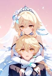 1boy 1girls aether_(genshin_impact) ai_generated blonde_hair brother_and_sister genshin_impact horny_female imminent_sex incest_marriage long_hair lumine_(genshin_impact) mihoyo straight wedding_dress