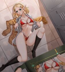 1girls blonde_hair blue_eyes bra breasts cardigan hairclip kneesocks large_breasts laying_on_floor locker_room lockers looking_at_viewer midriff navel nico-mo nintendo panties princess_zelda purah_pad red_bra red_panties school_uniform shirt short_hair tears_of_the_kingdom the_legend_of_zelda undressing white_shirt