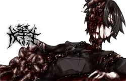 1boy black_eyes blood blood_on_clothes blood_on_face colored_skin guro highres intestines lying male_focus on_back original pool_of_blood severed_arm severed_head severed_limb severed_torso signature solo white_background white_skin wuwuren