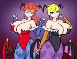 2girls _bw animal_print bad_tag bat_print batwings big_breasts blonde_hair blue_eyes blue_legwear blue_pantyhose blunt_bangs bodysuit bound_hair breasts bridal_gauntlets cleavage cleaveage clothing_cutout cosplay creatures_(company) crossover darkstalkers demon_girl demon_wings elesa_(pokemon) exposed_shoulders female female_only game_freak gauntlets glasses hair_bobbles hair_ornament head_wings headset heart_cutout horse_tail huge_breasts large_breasts leotard lilith_(darkstalkers) lilith_(darkstalkers)_(cosplay) lilith_aensland lilith_aensland_(cosplay) long_hair long_twintails looking_at_viewer lorelei_(pokemon) low_wings morrigan_aensland morrigan_aensland_(cosplay) multiple_girls nintendo pantyhose pokemon pokemon_(game) pokemon_bw pokemon_frlg print_legwear purple_background purple_legwear purple_pantyhose red_bodysuit red_eyes red_hair_bobbles shor_hair short_hair sidelocks smil smile spectacles tail thesilentdrawer thick_thighs thighs thights tighs twintails ward wings