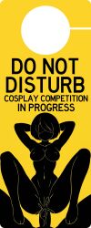 1boy 1boy1girl android cosplay do_not_disturb english_text faceless_male female male_out_of_frame minimal_color minimalist minimalist_background monochrome monochrome_background pictogram sex text warning warning_sign yorha_2b yorha_2b_(cosplay)