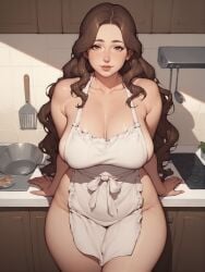 1girls ai_generated apron apron_only big_breasts breasts brown_eyes brown_hair collarbone female female_only hi_res kitchen mature mature_female mature_woman milf nipple_bulge original solo solo_female thick_thighs very_long_hair wide_hips zzipper