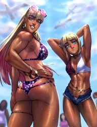 2girls armpits ass athletic athletic_female beach big_breasts bikini blonde_hair blue_eyes bracelet breasts bubble_butt busty carlesstries choker daisy_dukes denim_shorts earrings eve's_sister_(frank_draws) eve_(frank_draws) female female_focus fit fit_female hands_behind_head hourglass_figure long_hair looking_at_viewer looking_back makeup navel outdoors outside short_hair short_shorts sideboob sisters small_breasts tagme tan tan_body tan_skin wet wet_body wet_skin wide_hips