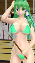 1girls 2023 3d adult_female belly_button bikini breasts clavicle cleavage frog_hair_ornament gohei green_bikini green_eyes green_hair_female hand_on_head hati_yukkuri_mmd hips holding_object human indoors interior_background jpeg light-skinned_female long_hair_female looking_at_viewer mmd one_arm_up open_mouth sanae_kochiya shrine shrine_maiden snake_hair_ornament solo_female solo_focus swimsuit touhou waist