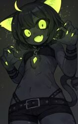 bangs black_fur black_hair bob_cut cat_ears cat_tail catgirl claws cute_fang female glowing glowing_claws glowing_ears glowing_eyes glowing_mouth ketopon midriff navel oerba_yun_fang sharp_claws short_shorts shorts whale_tail