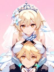 1boy 1girls aether_(genshin_impact) ai_generated blonde_hair brother_and_sister genshin_impact horny_female imminent_sex incest_marriage long_hair lumine_(genshin_impact) mihoyo straight wedding_dress