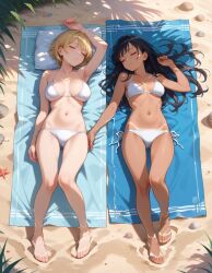 2girls ai_generated beach beach_towel bikini black_hair blonde_hair historyia lying_on_back lying_on_towel midriff navel on_back original original_character short_hair sleeping tan_skin tanline