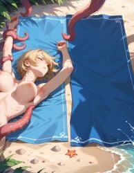 1girls ai_generated beach beach_towel blonde_hair bouncing_breasts breasts completely_nude dragged_away historyia lying_on_back lying_on_towel nude on_back original original_character short_hair sleeping tentacle