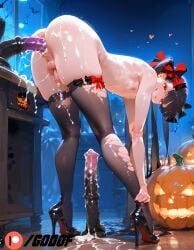 1boy 1femboy ai_generated anal anal_sex ass ass_focus cum dildo femboy godof halloween patreon pumpkin small_breasts small_penis