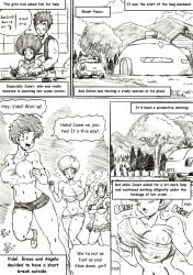 1boy 4girls afro angela_(dragon_ball) black_and_white bouncing_breasts breasts clothed_female dark-skinned_female dialogue dragon_ball dragon_ball_z erasa half-dressed janet_(dragon_ball) long_hair long_hair_female page_1 son_gohan sweaty_body thewritefiction videl videl_(short_hair)