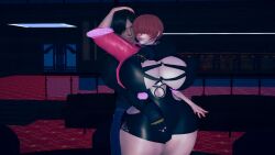 1girls big_breasts black_hair blush breasts busty chubby female fire_on! grabbing grabbing_from_behind huge_breasts king_of_fighters light-skinned_female light_skin long_hair looking_back male male/female pale-skinned_female pale_skin red_hair shermie_(kof) short_hair skirt standing thick_thighs thighs voluptuous voluptuous_female wide_hips