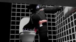 anthro bathroom bent_legs clothing dildo dildo_pull_out ears_down fangs furrytrxsh genitals half-erect hi_res holding_dildo holding_object holding_sex_toy hoodie leaning_on_wall leash legwear looking_down male mayu_(azuki) muzzle_(object) muzzled open_mouth penis pivoted_ears public_restroom restroom_stall scarf sex_toy solo teeth thigh_highs topwear