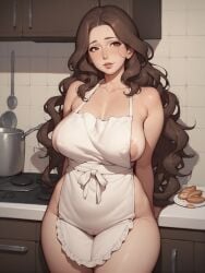 1girls ai_generated apron apron_only areolae big_breasts breasts brown_eyes brown_hair cameltoe collarbone female female_only hi_res kitchen mature mature_female mature_woman milf mole mole_on_breast nipple_bulge original solo solo_female thick_thighs very_long_hair wide_hips zzipper