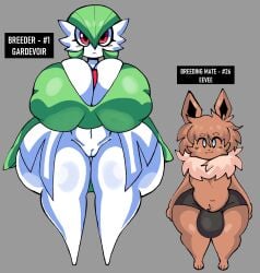 bad_anatomy big_breasts breasts bulge bulge_through_clothing cleavage dork_boi dorkvee_(dorky) eevee female gardevoir huge_breasts larger_female lewd_dorky pokemon pokemon_(species) size_difference smaller_male thick_thighs wide_hips