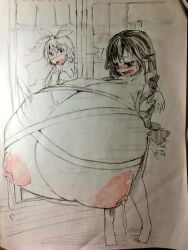 ata5200 big_breasts blush breast_expansion breasts_bigger_than_body breasts_bigger_than_head embarrassed embarrassed_female hyper_breasts lactating lactation lactation_without_expressing looking_pleasured massive_breasts pleasure_face pleasured shocked_female surprised_expression touhou traditional_art traditional_media