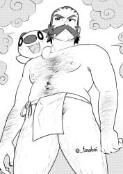 balls bara bulge facial_hair flaccid kamado_(pokemon) loincloth male male_only monochrome moustache muscles muscular nintendo oshawott penis pokemon pokemon_legends:_arceus toraboi