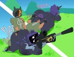 1boy 1girls anus ass ass_focus ass_grab big_ass big_breasts big_penis brandfinn_(just_brandfinn) breasts clothing cum cum_inside epic_games female fortnite fortnite:_battle_royale hexxergooned male massive_ass oc original_character penetration penis purple_body purple_skin raven_team_leader sex sniper_rifle spanish_text sweat text vagina vaginal vaginal_penetration vaginal_sex