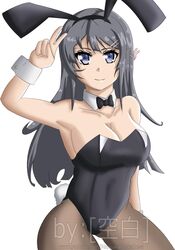 1girls animal_ears arm_at_side arm_up artist_request bare_arms bare_shoulders black_bunny_ears black_hair black_leotard black_neckwear bow bowtie breasts brown_legwear bunny_ears bunny_girl bunny_tail bunnysuit cleavage closed_mouth collarbone detached_collar fake_animal_ears female female_only grey_hair hair_ornament hairclip human human_only large_breasts leotard long_hair looking_at_viewer neck pantyhose purple_eyes sakurajima_mai seishun_buta_yarou_wa_bunny_girl_senpai_no_yume_wo_minai simple_background smile solo standing strapless strapless_leotard tail v white_background wrist_cuffs