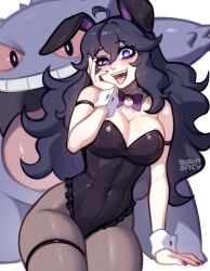 1girls ahegao alternate_costume artist_name blushypixy blushyspicy breasts bunny_ears bunnysuit cleavage fake_tail female female_only gengar hex_maniac large_breasts light-skinned_female light_skin long_hair looking_at_viewer nintendo open_mouth pantyhose pokemon pokemon_(species) pokemon_xy purple_eyes solo tongue tongue_out watermark white_background wrist_cuffs