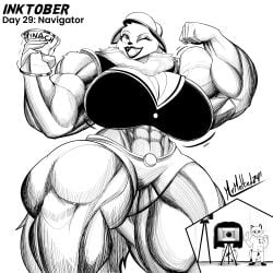 1boy 1girls abs anthro big_breasts borrowed_character breasts busty camera can crop_top elena_(rakoongrey) female female_focus flexing flexing_bicep furry hat huge_breasts inktober large_breasts larger_female male mrmelted muscular muscular_female original png pose posing sailor_hat shorts size_difference smaller_male thick_thighs thunder_thighs wide_hips wink