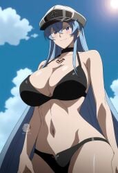 1female 1girl 1girls ai_generated akame_ga_kill! arisato_yu bikini black_bra black_panties blue_eyes blue_hair breasts esdeath_(akame_ga_kill!) female female_only hat light-skinned_female long_hair sky solo solo_female summer sun tattoo thighhighs thighs underwear voluptuous voluptuous_female