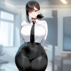 ai_generated bbc black_hair blush breasts brown_eyes chainsaw_man dark-skinned_male female huge_breasts juuicyai kobeni_higashiyama massive_ass massive_breasts sweat