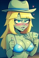 1girls ai_generated bikini bikini_zombie bikini_zombie_(pvz) blonde_hair blonde_hair_female blush capitalism female female_only gangster_spongebob green_eyes hat long_hair nipples_visible_through_clothing plants_vs_zombies solo