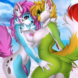 1:1 2019 5_fingers anthro areola black_nose blonde_hair blue_fur breasts canid canine day detailed_background dickgirl female fur furry green_fur hair hi_res intersex mammal navel nipples nitricacid outside pink_hair sky smile standing