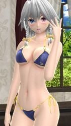 1girls 2023 3d belly_button bikini blue_bikini blue_sky blush breasts clavicle cleavage clouds curtains hand_gesture hati_yukkuri_mmd heterochromia hips human indoors interior_background jpeg light-skinned_female looking_at_viewer mmd one_arm_up open_mouth sakuya_izayoi short_hair_female sky solo_female solo_focus swimsuit tied_hair touhou trees waist white_hair_female window yellow_bowtie