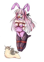 1girls ball_gag bondage bunny_ears bunnysuit crotch_rope danganronpa danganronpa:_trigger_happy_havoc danganronpa_1 detached_collar dragon-burst female female_only gag gagged kirigiri_kyouko leotard nipples pink_eyes pink_hair pink_leotard rope solo straight_hair tagme white_background