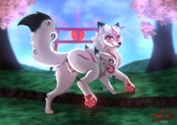 1girls amaterasu amaterasu_(okami) anus astralia_(art) bodily_fluids canid canine canis capcom cherry_blossom cherry_blossom_tree cherry_tree ears fangs female feral flower fruit_tree fur furaffinity furry genital_fluids genitals grass hi_res humanoid_genitalia humanoid_genitalia_on_feral humanoid_vulva humanoid_vulva_on_feral japanese_mythology looking_at_viewer mammal markings okami okami_(capcom) pawpads paws plant prunus_(flower) red_eyes red_markings solo sun tail teeth tongue torii tree vaginal_fluids vulva white_body white_fur wolf wolf_girl