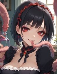 ai_generated consensual_tentacles goth goth_girl gothic_lolita historyia looking_at_viewer original original_character penis_tentacles red_eyes tentacle