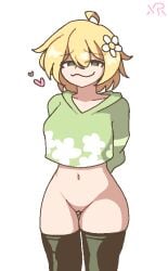 blonde_hair bottomless green_eyes heart imxr24 ms_paint naked_hoodie original_character pussy smug thighhighs uncensored