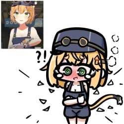 ?! blonde_hair cleavage conductor_hat conductor_uniform dooby3d exploding_clothes flushed gloves goggles green_eyes hand_covering_breasts indie_virtual_youtuber jerboa jerboa_humanoid reference_image screencap steam tail tensutensu virtual_youtuber