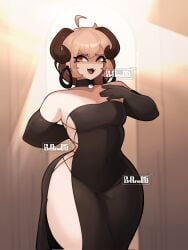 1boy big_ass big_thighs black_dress brown_hair curves curvy_body curvy_figure dress elegant elegant_dress femboy flan_(srnava) fully_clothed horns light_skin lips solo srnava thick_thighs thighs trap wide_hips yellow_eyes