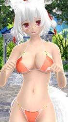 1girls 2023 3d arms_up belly_button bikini blue_sky blush breasts canine_humanoid clavicle cleavage cloud garden gesture hat hati_yukkuri_mmd headwear hips jpeg kemonomimi light-skinned_female looking_at_viewer mmd momiji_inubashiri open_mouth orange_bikini outdoors red_eyes short_hair_female sky solo_female solo_focus swimsuit tengu tokin_hat touhou trees waist white_hair_female white_wolf wolf_ears wolf_tail