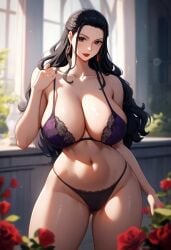 ai_due ai_generated bare_thighs black_hair brown_eyes female female_only gigantic_breasts huge_breasts huge_thighs latina light-skinned_female light_skin lingerie lingerie_only long_hair looking_at_viewer massive_breasts mature_female milf one_piece pawg shounen_jump solo_female squatting sweat sweatdrop thick_body thick_female thick_thighs thighs viola_(one_piece) voluptuous voluptuous_female