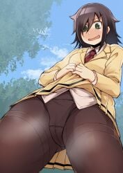 bags_under_eyes black_hair blue_sky blush blush cameltoe clothed clothes_lift female from_below green_eyes hair_over_one_eye kaauchi kuroki_tomoko lifting_skirt park pleated_skirt school_uniform solo solo_female tights transparent_clothing tree underwear watashi_ga_motenai_no_wa_dou_kangaetemo_omaera_ga_warui!