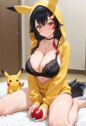 1girls 2025 ai_generated alternate_version_available big_breasts black_bra bra breasts cleavage cosplay female hololive hololive_japan indoors looking_at_viewer ookami_mio pikachu_(cosplay) solo thekingjhon123600 virtual_youtuber