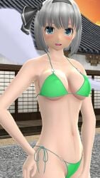 1girls 2023 3d afternoon armpit belly_button bikini black_ribbon blue_eyes blush breasts clavicle cleavage clouds green_bikini grey_hair_female hand_on_hip hati_yukkuri_mmd headband hips human jpeg light-skinned_female looking_at_viewer mmd open_mouth outdoors short_hair_female side_boob solo_female solo_focus spirit sunset swimsuit touhou waist wisp youmu_konpaku