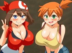 2girls alternate_breast_size asymmetrical_hair bandana blue_eyes blue_shorts blush breasts brown_hair cleavage creatures_(company) denim denim_shorts female_focus game_freak green_eyes grin hair_between_eyes highres huge_breasts kasumi_(pokemon) large_breasts leaning_forward looking_at_viewer may_(pokemon) multiple_girls nintendo open_mouth orange_hair pokemon pokemon_(anime) pokemon_(classic_anime) pokemon_rgby pokemon_rse ponytail red_bandana red_shirt shirt short_hair short_shorts shorts side_ponytail smile speech_bubble su_retro_space suspenders tank_top thick_thighs thighs upper_body v