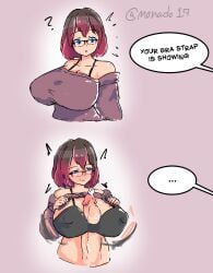 blue_eyes bra bra_strap_is_showing_(meme) brown_hair futanari glasses mona_(monado17) monado17 oc ombre_hair penis_between_breasts self_upload smirk surprised surprised_expression sweater trans_woman
