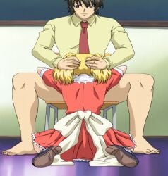 1boy 1girls alternate_hairstyle ass big_breasts blonde_hair boin boin_lecture bottomless brown_eyes busty fellatio female from_behind hands_on_another's_head highres irrumatio kneeling knwww legs long_hair male necktie oral sitting skirt smile stitched teacher thighs third-party_edit tsukushino_mitsugu twintails voluptuous waitress