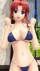 1girls 2023 3d arms_up belly_button bikini blue_bikini blue_eyes blue_sky breasts clavicle cleavage curtains earrings gesture green_bowtie hati_yukkuri_mmd hips hong_meiling indoors interior_background jpeg light-skinned_female looking_at_viewer mmd open_mouth red_hair_female sky smiling_at_viewer solo_female solo_focus swimsuit tied_hair touhou trees waist window yellow_bowtie youkai